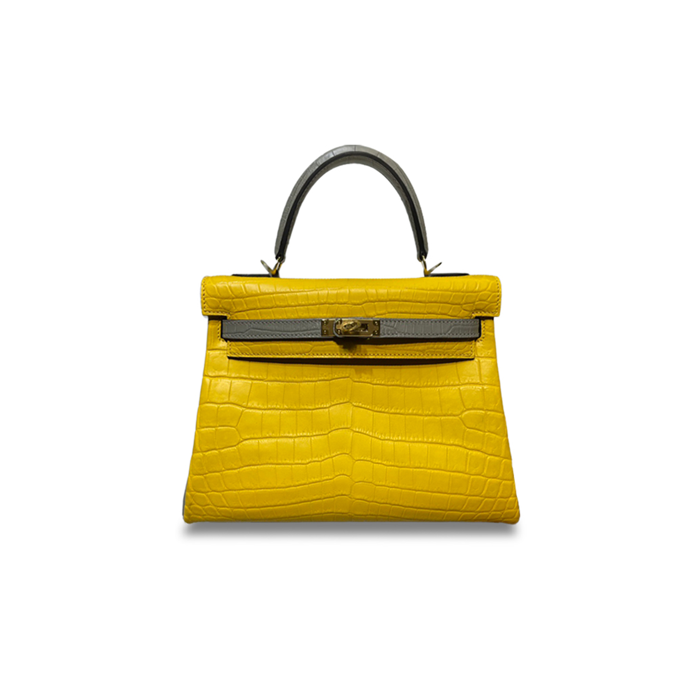 H**mes master kelly 25 nile crocodile amber yellow with pearl grey gold buckle (25*17*7cm)